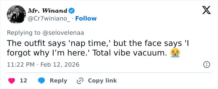 Tweet from Mr. Winand commenting on Hailey Bieber wearing lingerie, reacting to the outfit at Wuthering Heights premiere.