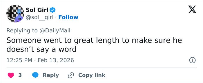 Screenshot of a tweet by Sol Girl commenting on efforts to silence information about Jeffrey Epstein’s post mortem doctor claim.