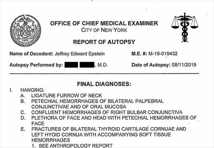 Autopsy report from New York medical examiner detailing findings in Jeffrey Epstein’s post mortem examination.
