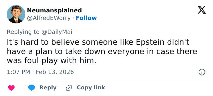 Screenshot of a social media post discussing Jeffrey Epstein and claims from the doctor at his post mortem.
