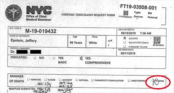 Forensic toxicology request form from Jeffrey Epstein's post mortem, showing manner of death pending by medical examiner.