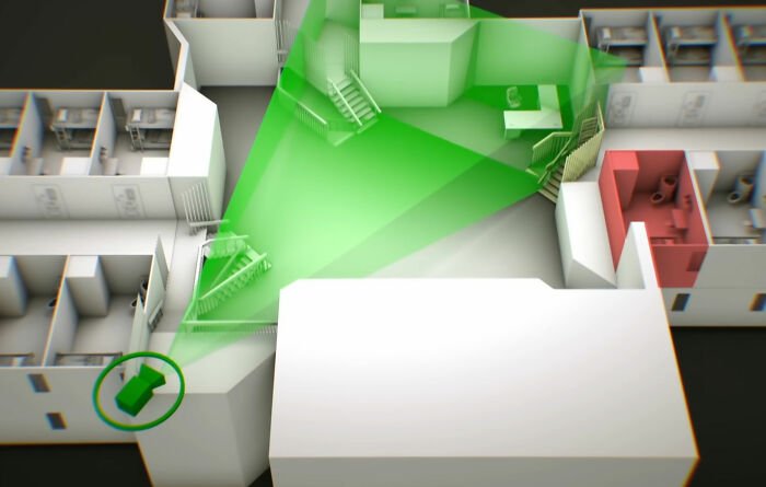 3D layout showing areas covered by surveillance cameras in a facility linked to Jeffrey Epstein’s post mortem investigation.