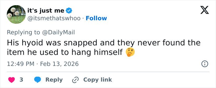 Tweet discussing a doctor's claim about Jeffrey Epstein's post mortem and details of how the financier passed.