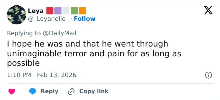 Tweet expressing hope about Jeffrey Epstein's passing, referencing terror and pain endured according to post mortem claims.