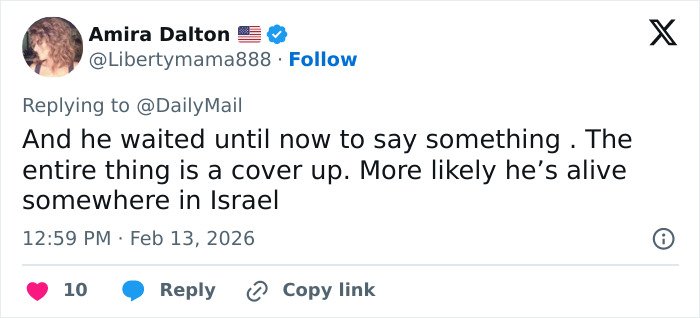 Tweet by Amira Dalton expressing belief in cover-up and claim that Jeffrey Epstein may be alive in Israel after post mortem.