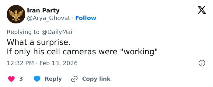 Screenshot of a Twitter reply discussing Jeffrey Epstein's post mortem with a comment on cell cameras not working.