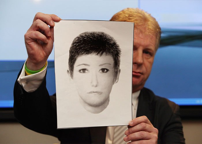 Man in suit holding up a sketch, related to Madeleine McCann abductor, in a presentation setting with blurred background.