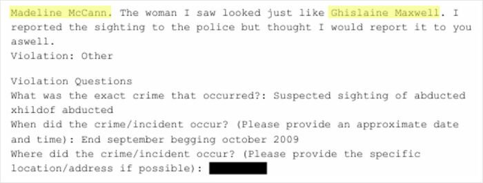 Excerpt of a report comparing Ghislaine Maxwell to Madeleine McCann abductor sketch sparking online debate.