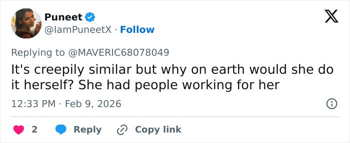 Screenshot of a social media comment discussing similarities in a viral post about Ghislaine Maxwell and Madeleine McCann abductor sketch.