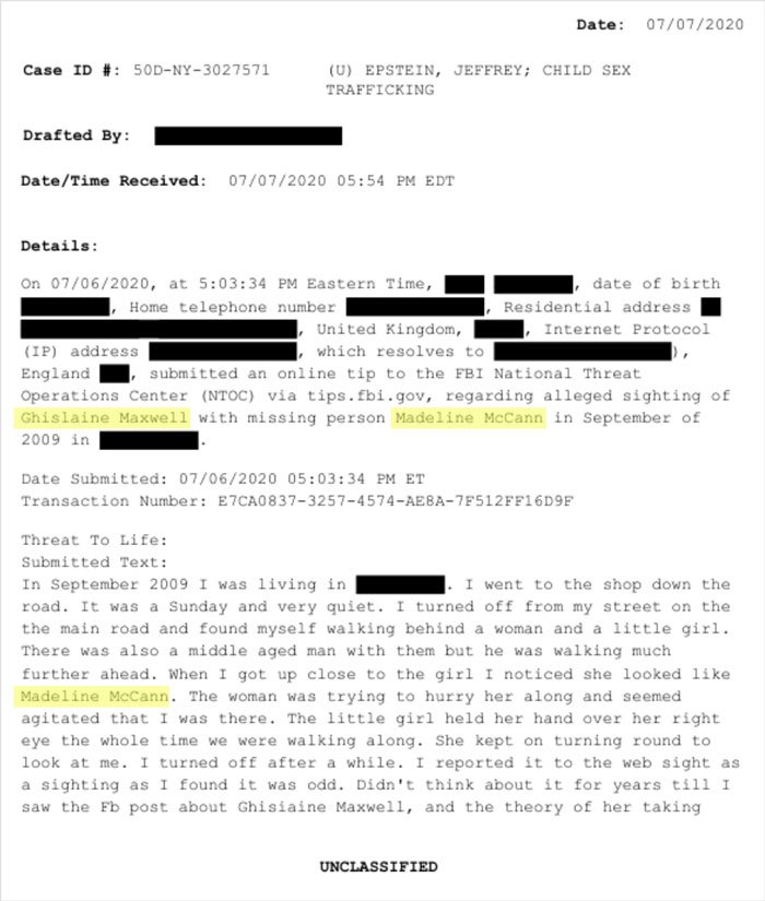 Declassified FBI document referencing Ghislaine Maxwell and Madeleine McCann in a reported sighting case.