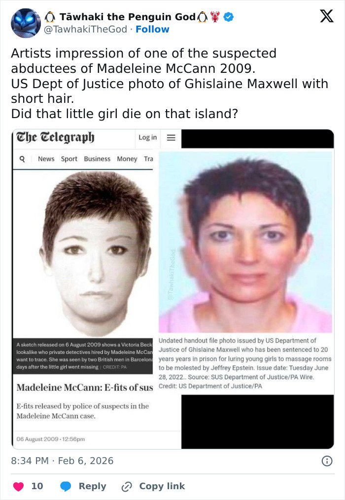 Side-by-side images comparing Ghislaine Maxwell US Justice photo with Madeleine McCann abductor sketch from 2009 case.
