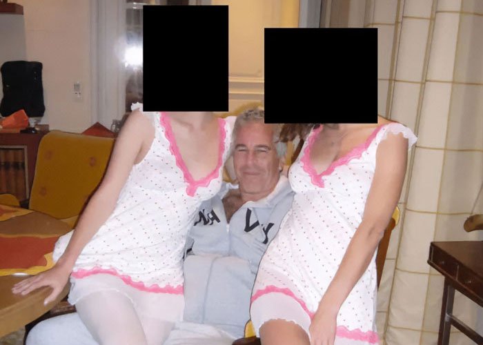 Man sitting between two women in white and pink nightgowns, related to viral post comparing Ghislaine Maxwell and Madeleine McCann abductor.