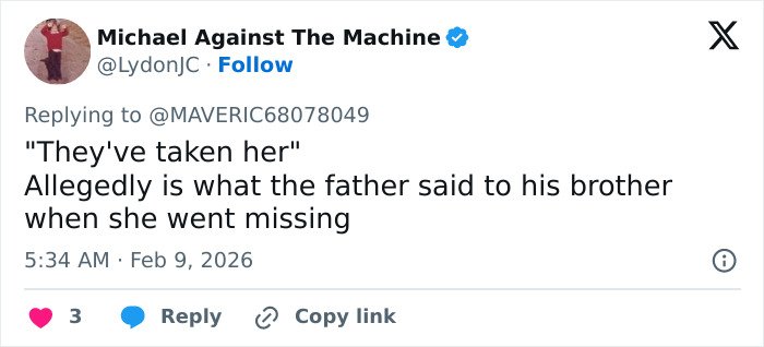 Tweet by user Michael Against The Machine discussing alleged statement by father after girl went missing, related to viral post debate.