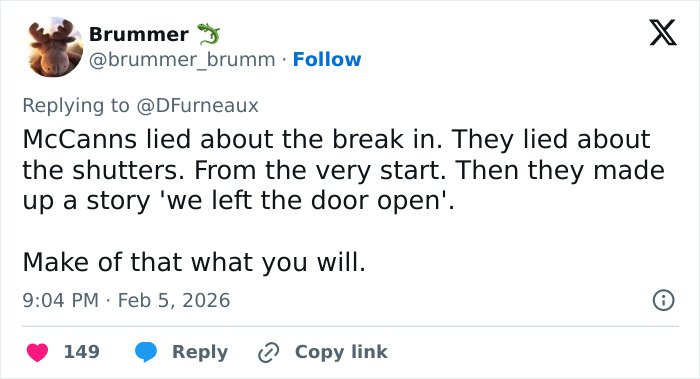 Tweet discussing McCanns' alleged lies about break-in, linked to viral post comparing Ghislaine Maxwell to Madeleine McCann abductor.