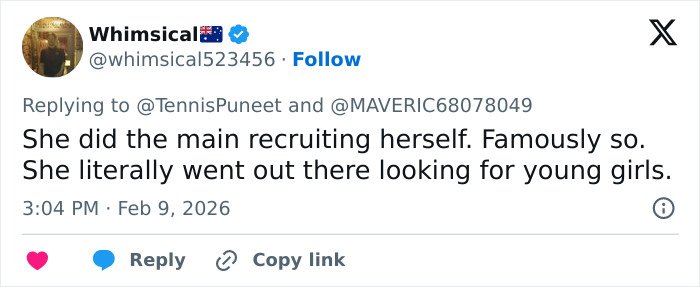 Screenshot of a social media post discussing recruiting young girls, relevant to Ghislaine Maxwell and Madeleine McCann abductor sketch debate.