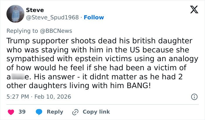 Screenshot of a tweet describing a Trump supporter who k****d his daughter after a political argument.