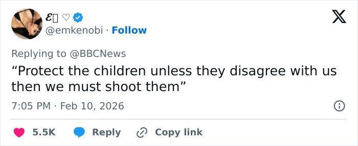 Twitter user replying to BBC News with a controversial statement about children after Trump argument legal expert case.
