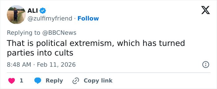 Screenshot of a social media reply discussing political extremism linked to parties turning into cults.