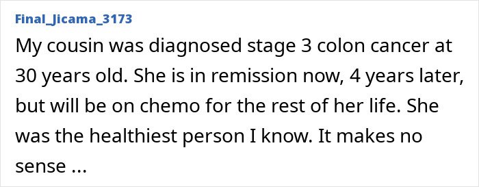Text excerpt discussing a personal story about stage 3 colon cancer diagnosis and ongoing chemotherapy treatment.