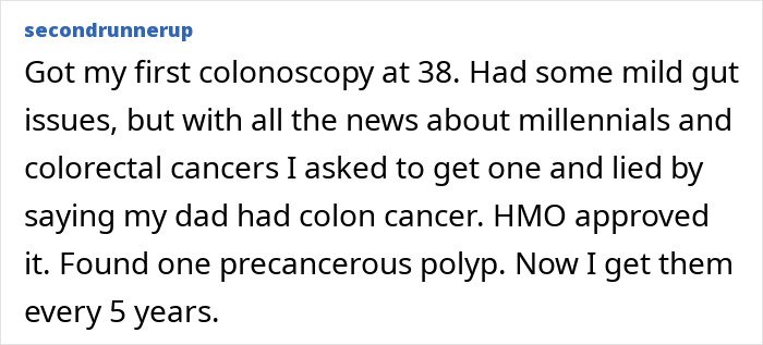 User comment discussing early colonoscopy and detecting precancerous colorectal polyps amid rising colorectal cancer awareness.
