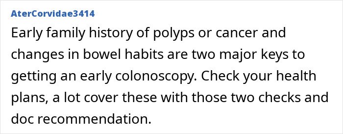 Text about early family history of polyps or cancer and bowel habit changes as key signs for colorectal cancer screening advice.