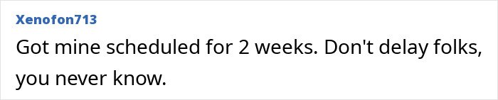 User comment about scheduling screenings, highlighting urgency of colorectal cancer symptoms awareness.
