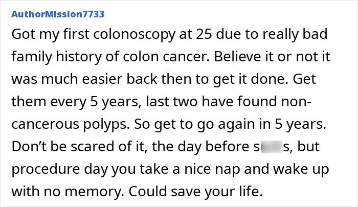 Text post discussing the importance of colonoscopies for detecting colorectal cancer symptoms early.