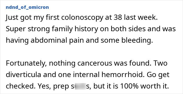 User post describing first colonoscopy experience at age 38, with family history and symptoms related to colorectal cancer.