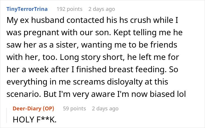 Comment describing a married man texting a woman he loved 15 years ago and addressing his wife's reaction to not freak out.