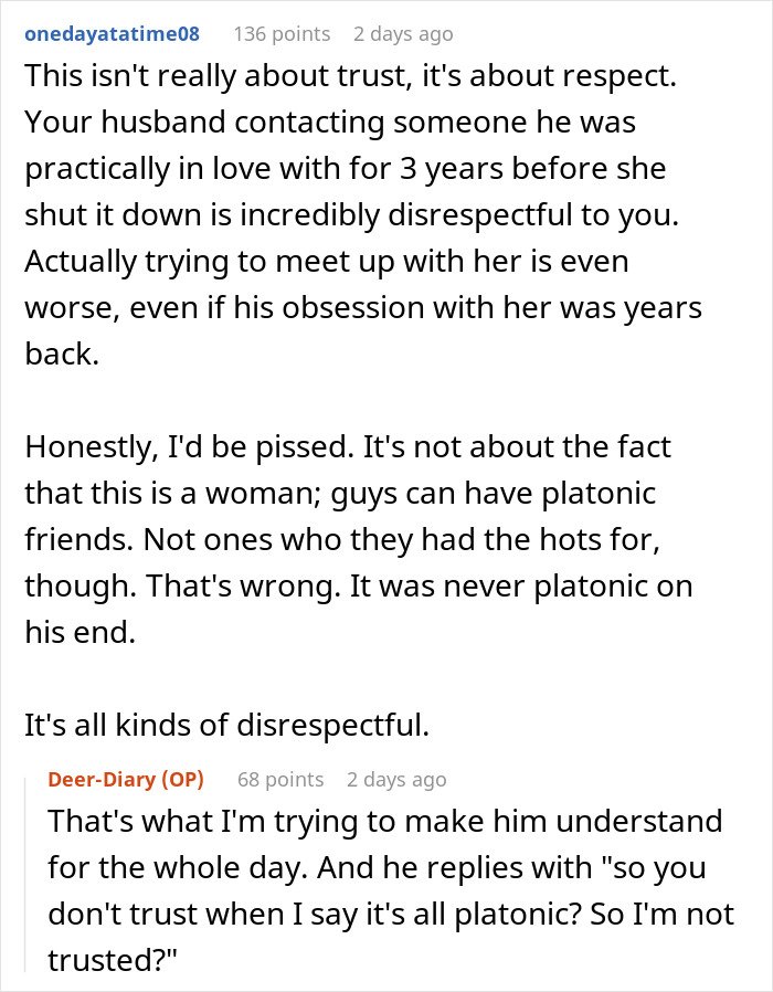 Text exchange discussing a married man texting a woman he loved years ago, causing disrespect and trust issues.