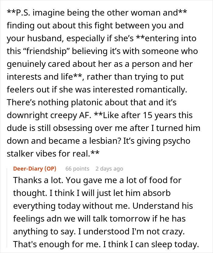 Screenshot of online comments discussing a married man texting a woman he loved 15 years ago, causing drama with his wife.