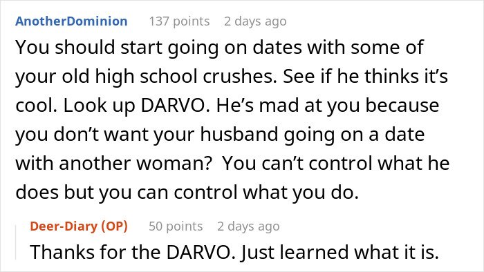 Screenshot of an online discussion about a married man texting a woman he loved 15 years ago and related advice.