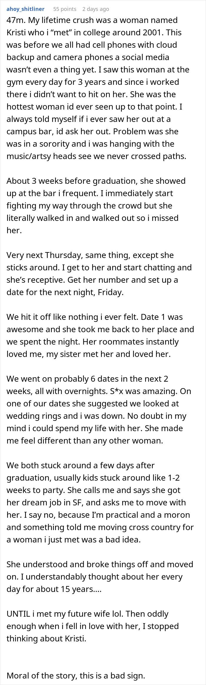 Text post detailing a married man texting a woman he loved 15 years ago, warning his wife not to freak out.