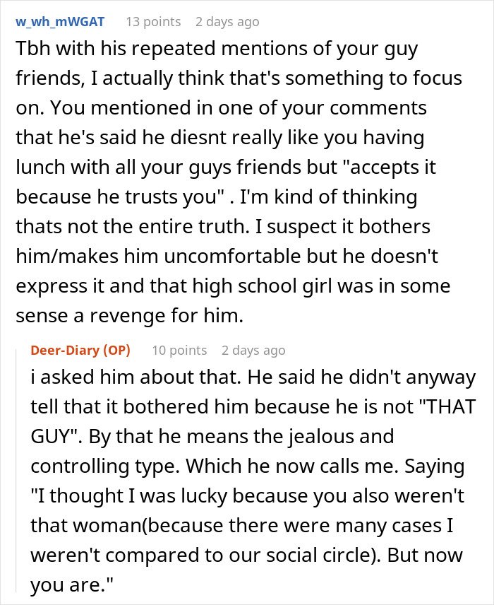 Reddit conversation discussing a married man texting a woman he loved 15 years ago and his wife's reaction.