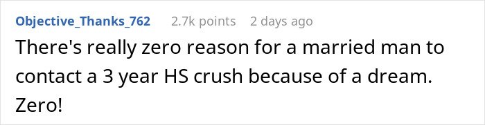 Screenshot of a social media comment discussing a married man texting a woman he loved 15 years ago about a dream.