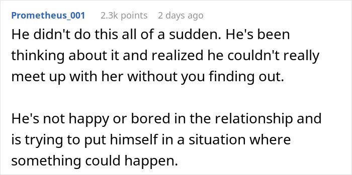 Screenshot of an online comment discussing a married man texting a woman he loved 15 years ago, warning wife not to freak out.