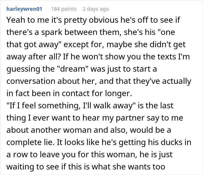 Comment discussing a married man texting a woman he loved years ago and the potential impact on his wife.