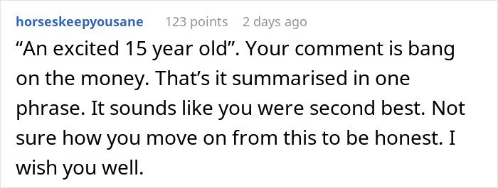 Screenshot of a Reddit comment discussing feelings related to a married man texting a woman he loved 15 years ago.