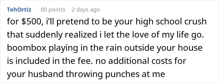 Comment about married man texting woman he loved 15 years ago, joking about high school crush and husband's reaction.