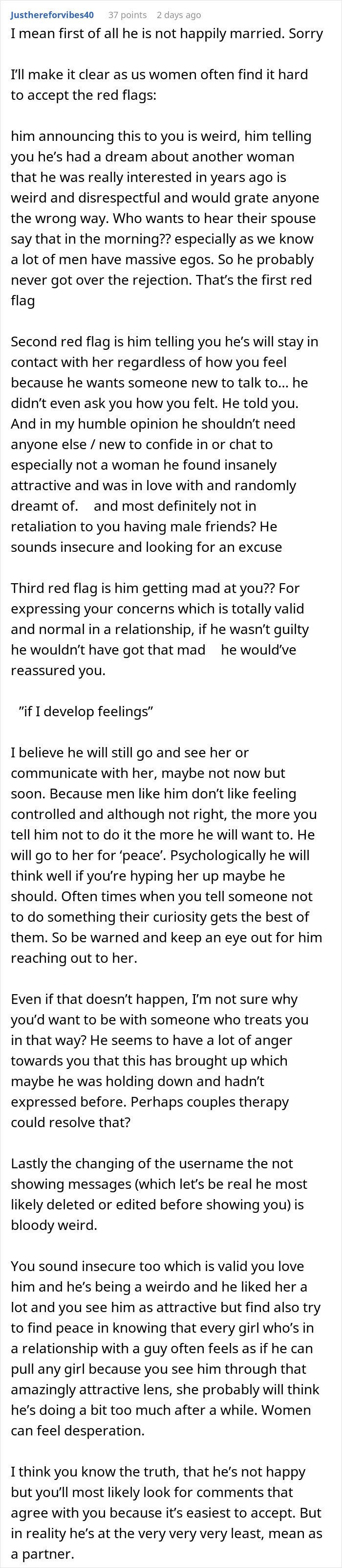 Screenshot of a discussion about a married man texting a woman he loved 15 years ago and concern from his wife.