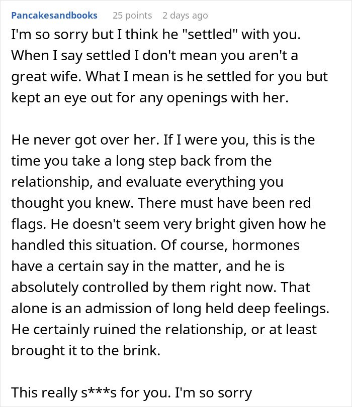Comment discussing a married man texting a woman he loved 15 years ago while advising his wife not to freak out.
