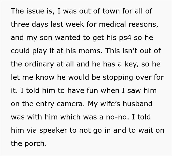 Text excerpt showing a man explaining his son’s visit and mentioning his cheating ex-wife’s boyfriend involved in Lego theft incident.