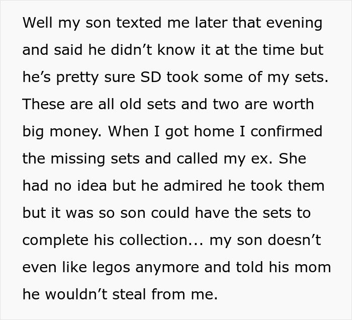 Text excerpt discussing a cheating ex-wife’s boyfriend stealing expensive Lego sets, later getting arrested.