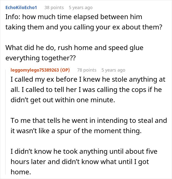 Reddit discussion about cheating ex-wife’s boyfriend stealing expensive Lego sets and subsequent police involvement.