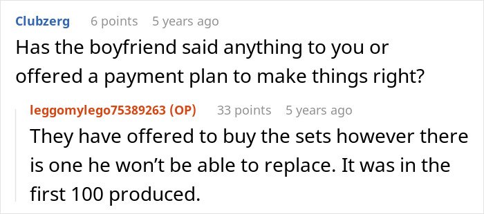 Online conversation about cheating ex-wife’s boyfriend stealing expensive Lego sets and issues with replacement of rare pieces.