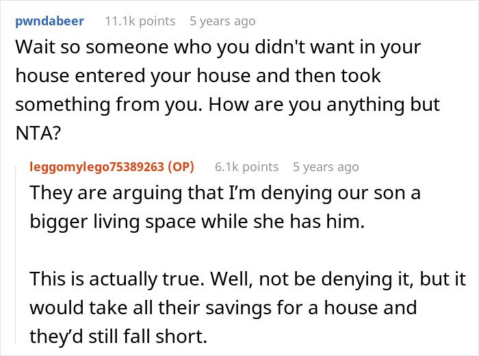 Comments discussing a cheating ex-wife’s boyfriend stealing expensive Lego sets and the resulting dispute over living arrangements.