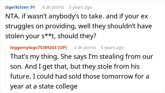 Online discussion about cheating ex-wife’s boyfriend stealing expensive Lego sets and the consequences he faced including arrest.