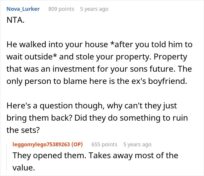 Text conversation discussing cheating ex-wife's boyfriend stealing expensive Lego sets, causing loss of value and legal trouble.