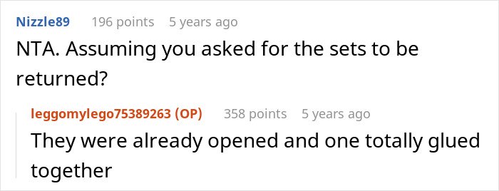 Online discussion about cheating ex-wife's boyfriend stealing expensive Lego sets and the consequences he faced.