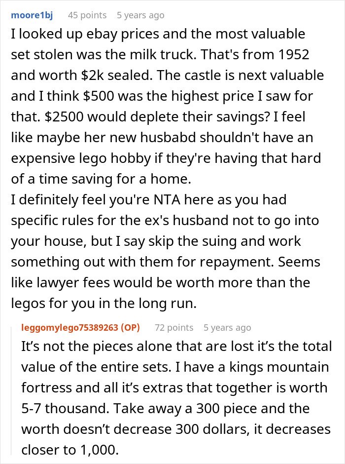Reddit discussion about expensive Lego sets stolen by cheating ex-wife’s boyfriend and the value of the stolen items.